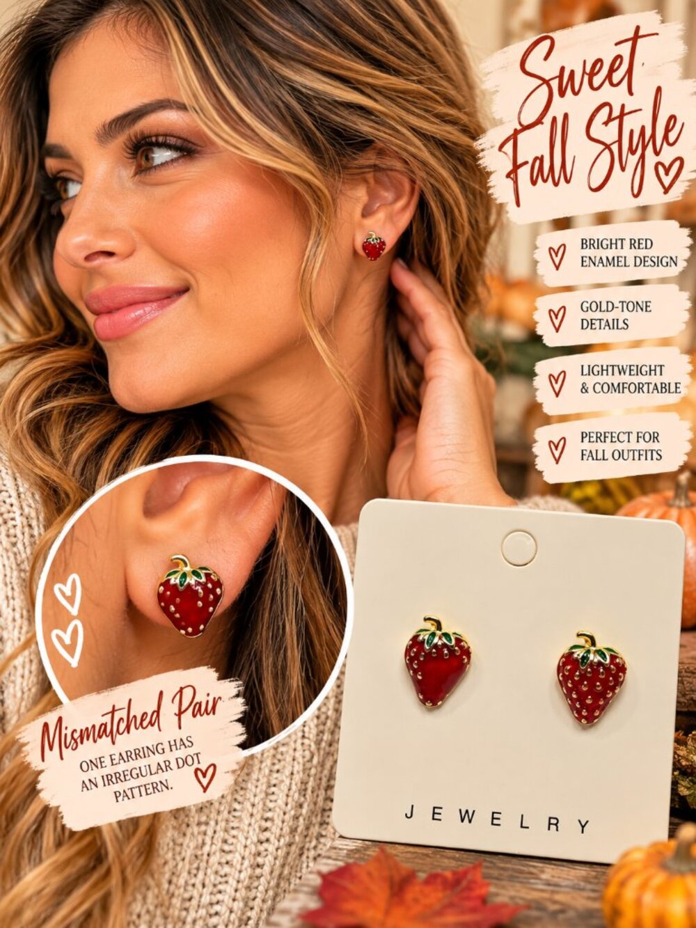 Strawberry Stud Earrings Red Enamel Gold Fruit Fall Cottagecore Jewelry Quirky